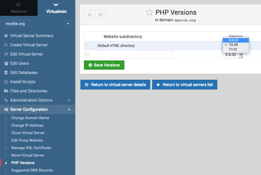 Virtualmin several PHP versions